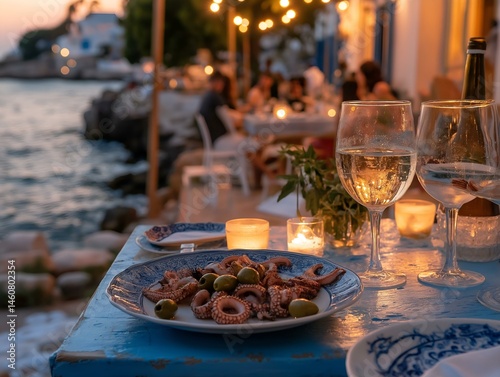 mediterranean dinner table, outdoor setting, sunset, string lights, seafood, wine, candlelight