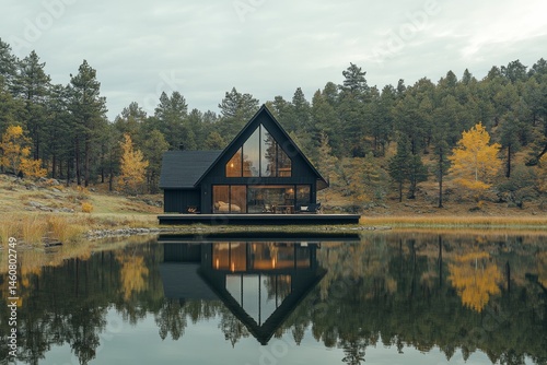 Modern lake house with large windows reflecting in water