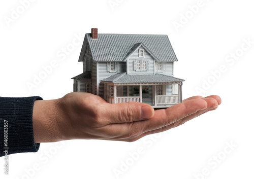 house in hand on white background, real estate concept