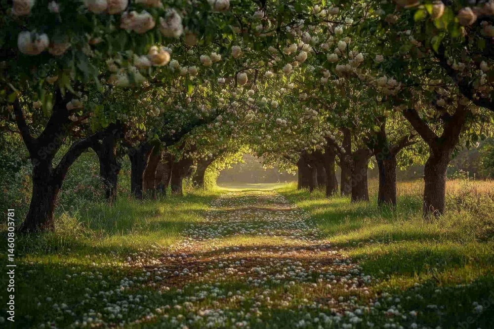 Naklejka premium Sunny green park with trees and walking path