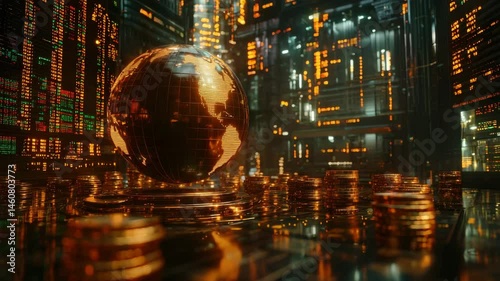 Digital Globe Surrounded by Coins and Data Streams in Cyber Space