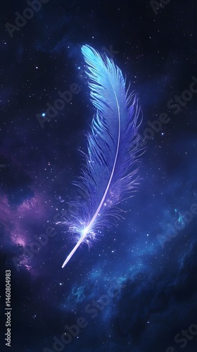 Glowing feather in cosmic night