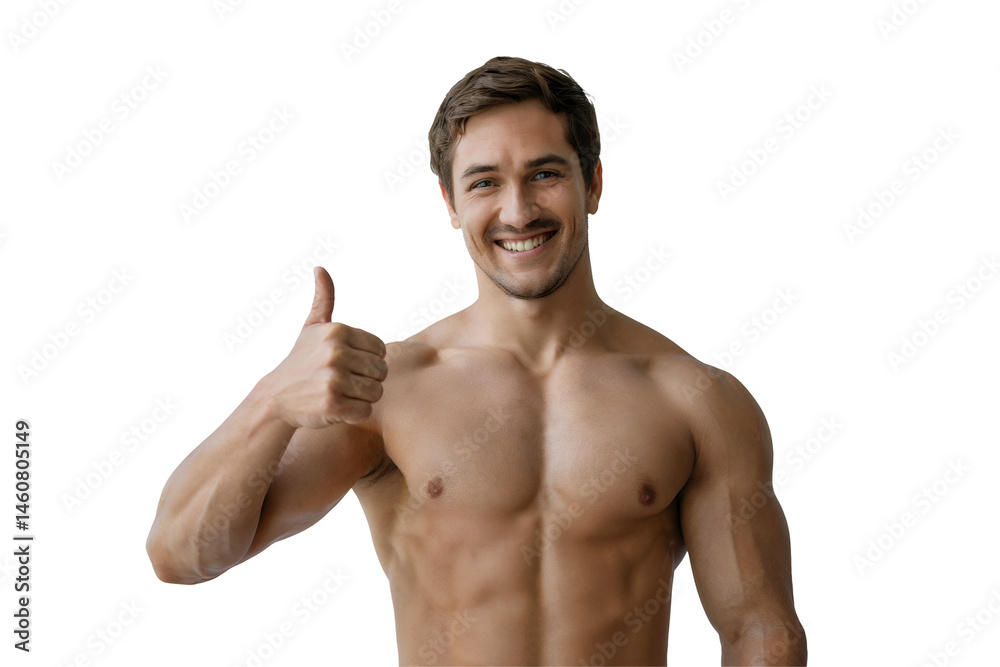 Fototapeta premium Muscular man showing thumbs up against transparent background, concept for fitness advertising, health campaign, bodybuilder portfolio