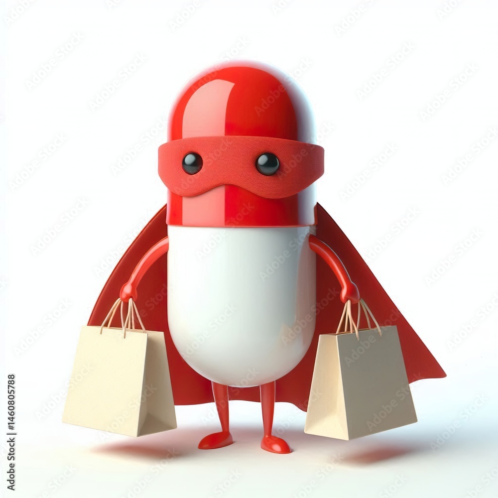 Naklejka premium Cute character 3D image of a pill superhero wearing a red mask and red cloak holding shopping bags on a white background