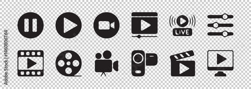 Black Video icon set. Containing video, camera, play, media, mobile, player, movie and cinema. Vector illustration eps 10