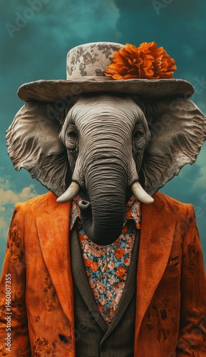Elephant in Suit and Hat with Floral Decoration in Artistic Style