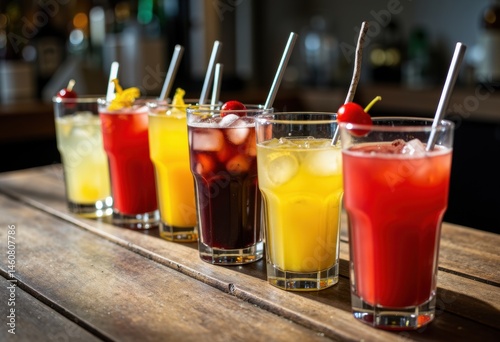 Wallpaper Mural Colorful cocktails lined up on a wooden bar, showcasing vibrant drinks Torontodigital.ca