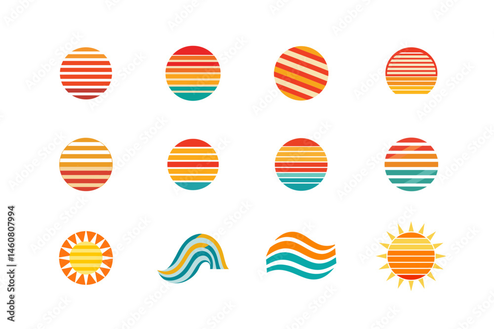 Collection of retro sunset and sun designs in various styles and vibrant colors