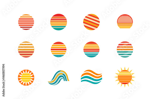 Collection of retro sunset and sun designs in various styles and vibrant colors
