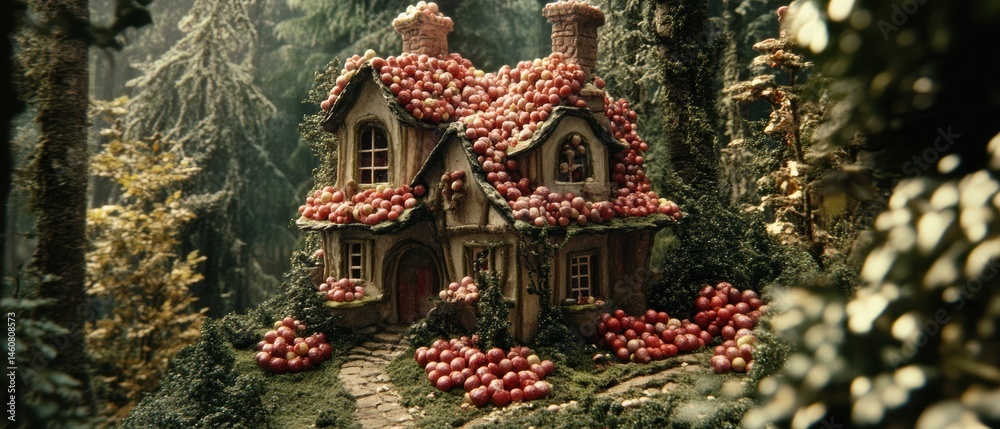 Obraz premium Quaint Cottage in Forest with Red Berries Covering Roof Close Up Whimsical Architecture Fantasy Landscape