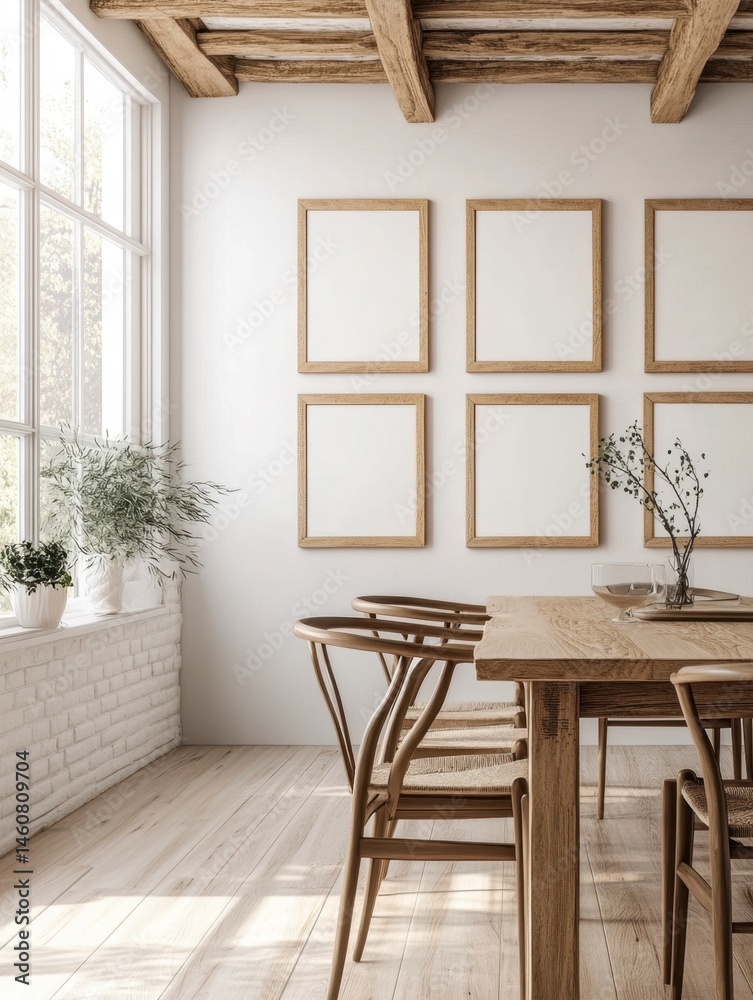Fototapeta premium Modern Minimalist Dining Room with Natural Light and Wooden Elements