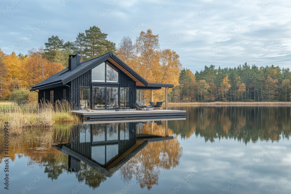 Fototapeta premium Modern house by the lake reflecting in water with autumn trees
