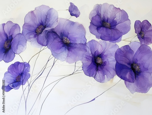 Wallpaper Mural Floral arrangement of purple poppies in watercolor style against a soft white background close up delicate petals airy translucent design Torontodigital.ca