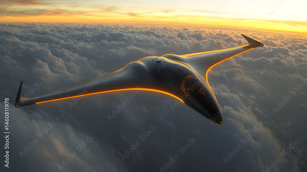 Fototapeta premium Sleek aircraft soars above cloudscape at sunset