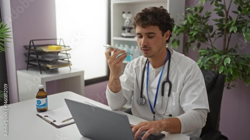 Wallpaper Mural Young man in hospital talking on smartphone while working on laptop surrounded by medical equipment indoors. Torontodigital.ca
