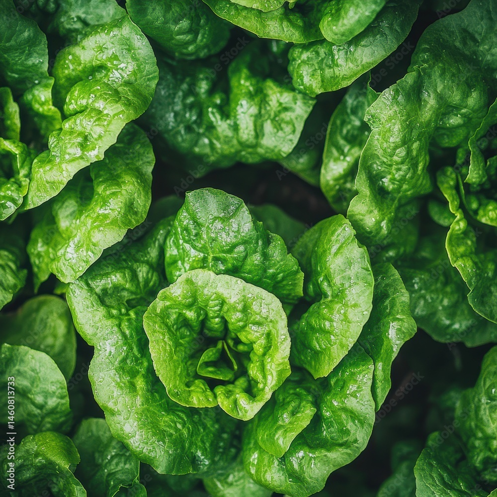 Obraz premium Close-up of vibrant green butter lettuce growing in garden; overhead shot showcasing fresh produce and healthy eating