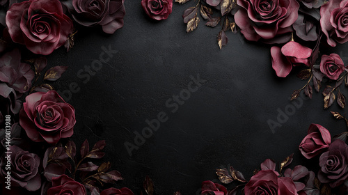 Elegant red rose flowers and leaves are arranged against a dark backdrop, Blooming beautiful creative art flowers, flowers and leaves on dark background in gothic style.