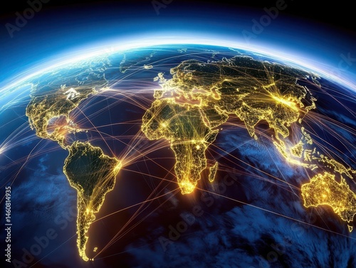 Global Network Visualization Showing Worldwide Connections and Data Transfer from Space Perspective on Earth