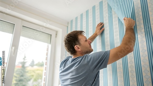 A man installing wallpaper on a wall next to big window. Concept of parenting, move in, temporary wallpaper, home renovate Free Download A man installing wallpaper on a wall next to big window. Concept of parenting, move in, temporary wallpaper, home renovate - GFXLoad