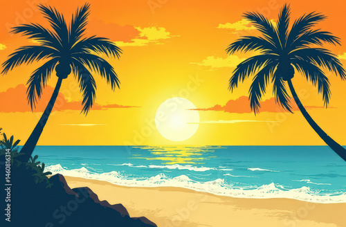 Tropical beach sunset with palm trees and ocean waves