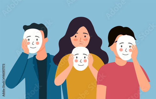 People hide negative emotions behind masks with smile to hide mood and pretend to be happy team. Concept of problem of faking emotions in society.