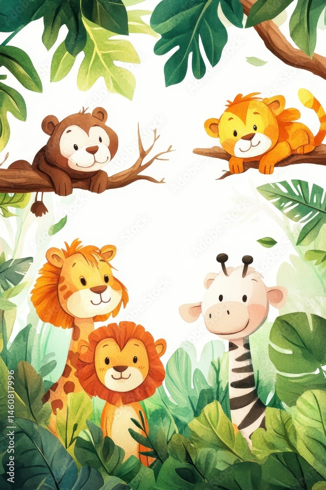 Obraz premium Watercolor Jungle Animals Illustration featuring Monkey Lion Giraffe in Lush Greenery for Children's Book or Nursery Art