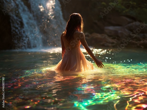 ethereal woman in iridescent water, waterfall, vibrant colors, mystical landscape, fantasy art