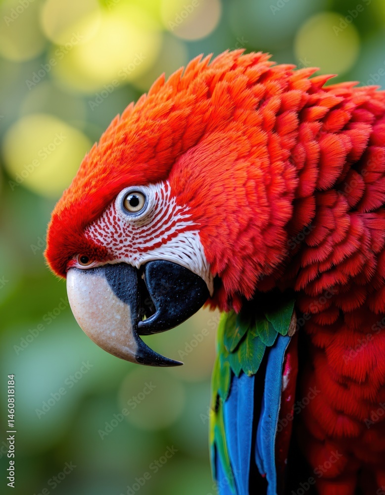 Fototapeta premium Vibrant red parrot with striking feathers and a curious expression
