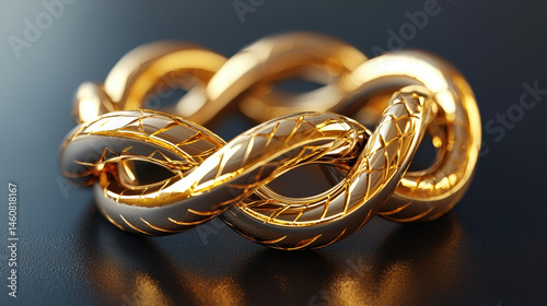 A mesmerizing 3D rendered background showcases an infinity loop with realistic details, presented in 4K resolution from a captivating side angle, shining gold effect.