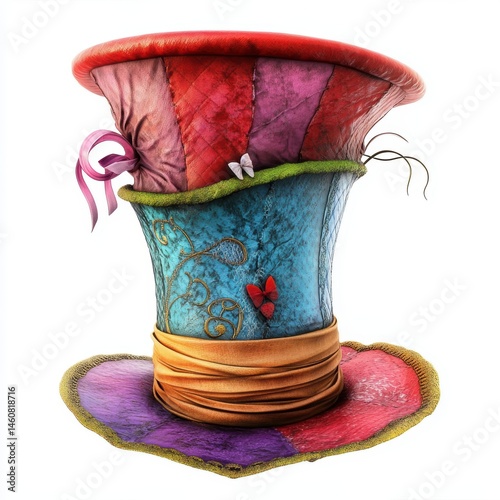 Colorful Mad Hatter Hat Still Life on White Background Detailed Fabric Texture Whimsical Design Fantasy World Fairytale Storybook Illustration Artistic Render