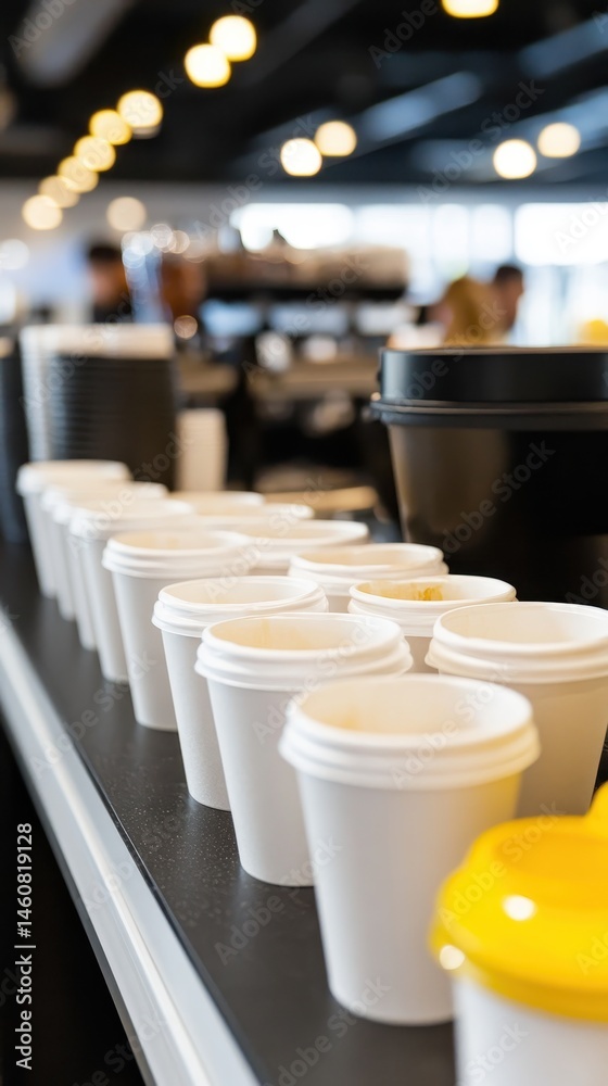 Fototapeta premium Row of White Paper Coffee Cups Lined Up on a Counter in a Cafe Ready for Customers at a Coffee Shop
