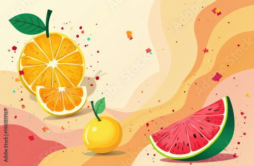 Colorful citrus and watermelon illustration with vibrant abstract background