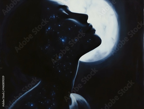 woman face full moon night scene starry details cosmic art