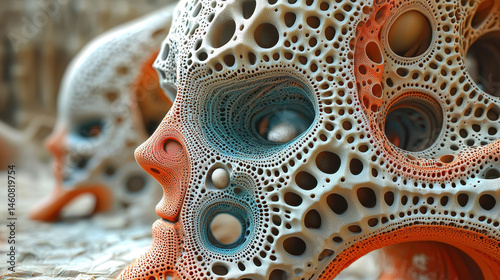 Side angle 4K view displays an intricate 3D background art piece featu mesmerizing fractal patterns and organic textures creating a captivating realistic scene.