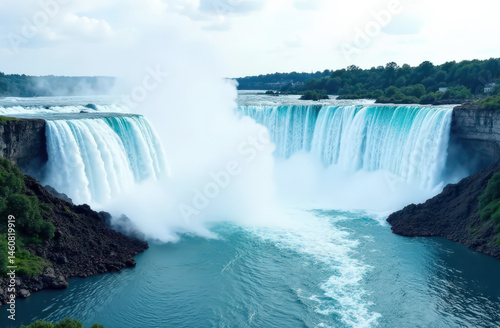 Majestic view of niagara falls: cascading waterfall and misty atmosphere