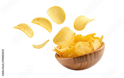 Potato chips flying out of a bowl, isolated on a transparent background
