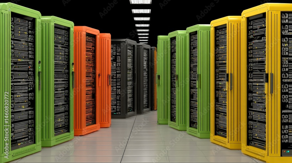 Naklejka premium Futuristic Data Center Colorful Servers Network Technology Internet Infrastructure