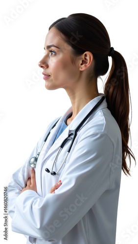 Professional female doctor in white medical coat with stethoscope against white background for healthcare advertisement, corporate presentation, and medical industry branding