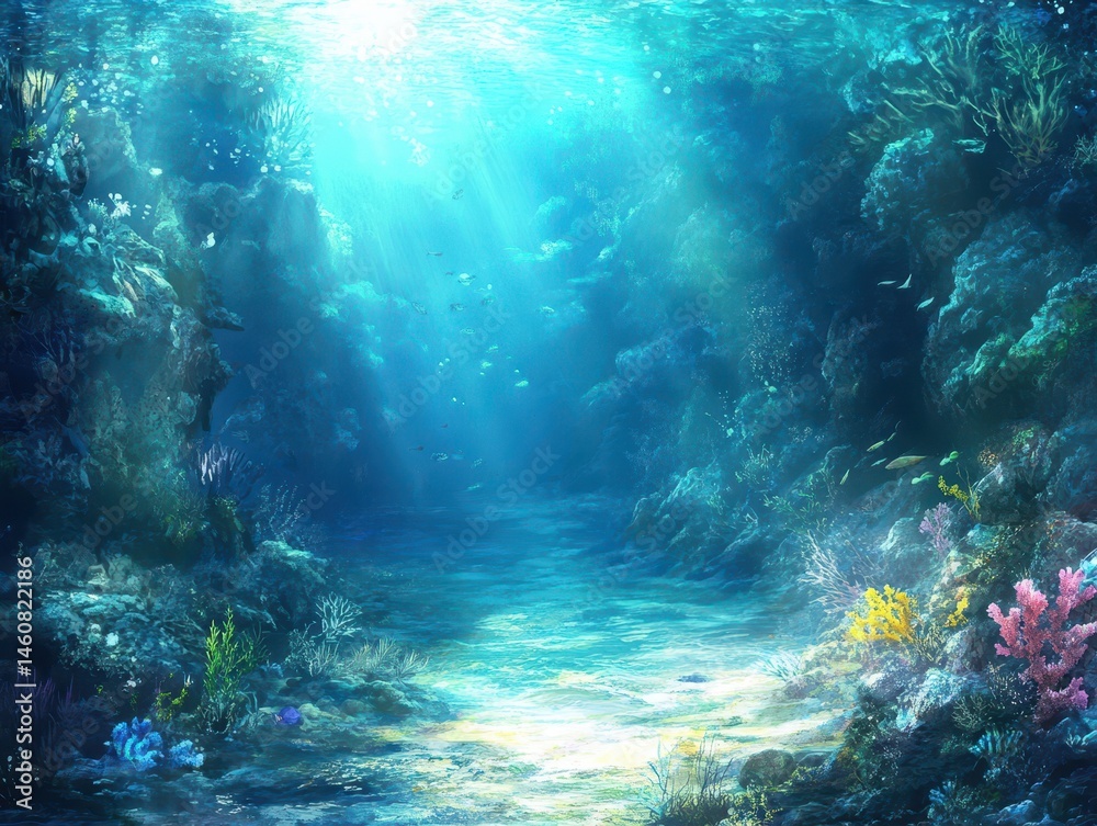 Fototapeta premium Underwater Paradise View of Coral Reefs and Marine Life with Sunbeams in Tropical Ocean Realm Scenery