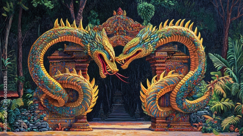 Fototapeta premium A battle between a Naga and a demon in a mythical Thai setting