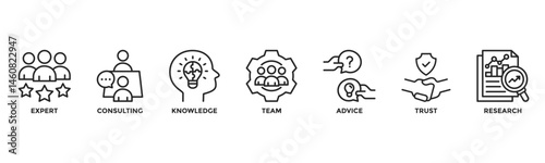 Expertise line icons collection containing expert, consultation, knowledge, team, advice, trust and research. Suitable for business, professional and corporate concepts.