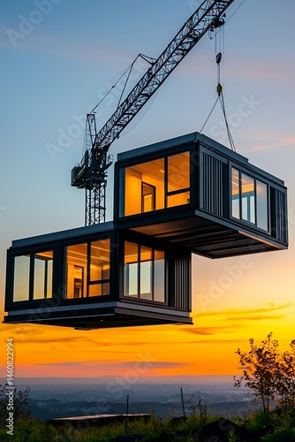 Modern modular home suspended by crane at sunset