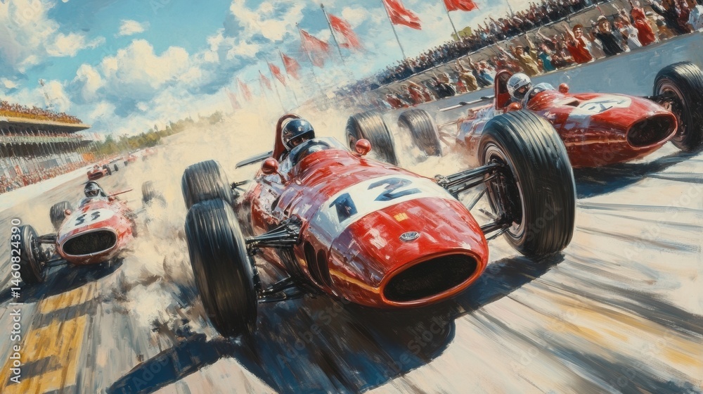 Naklejka premium A car in full throttle, capturing the intense action of a race in a bright