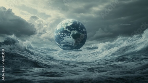 Fototapeta Naklejka Na Ścianę i Meble -  Surreal Ocean Scene with Earth Surrounded by Dramatic Waves and Clouds