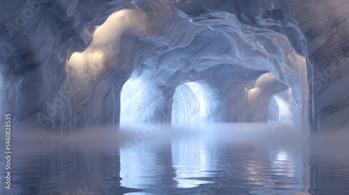 Otherworldly cave made of smooth marble-like stone with unusual spiral shapes, white mist hovering over a rippling reflective water surfac