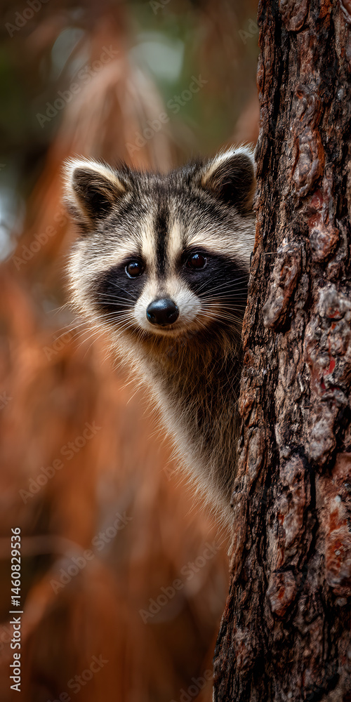 Curious Raccoon Peeking from an Ancient Tree Trunk