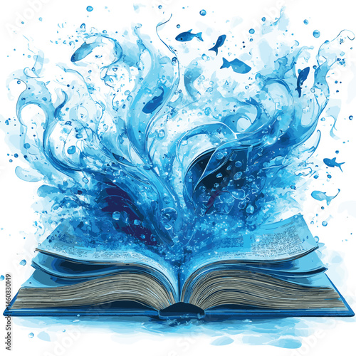 A digital illustration depicting an open book with stylized water and fish leaping from its pages