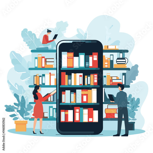 Smartphone with reader app and people reading books. Online book store, library and education vector concept, vector style simple color