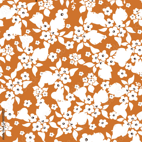 White Silhouette Floral Pattern on Burnt Orange Background for Textile Print for Fabric, Seamless Pattern Wallpaper