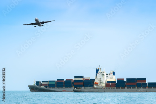 Aerial view of the freight shipping transport system cargo ship container. international transportation Export-import business, logistics, transportation industry concepts
